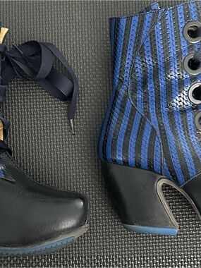 John Fluevog- Striped Blue & Black Lace-Up Heeled Boots